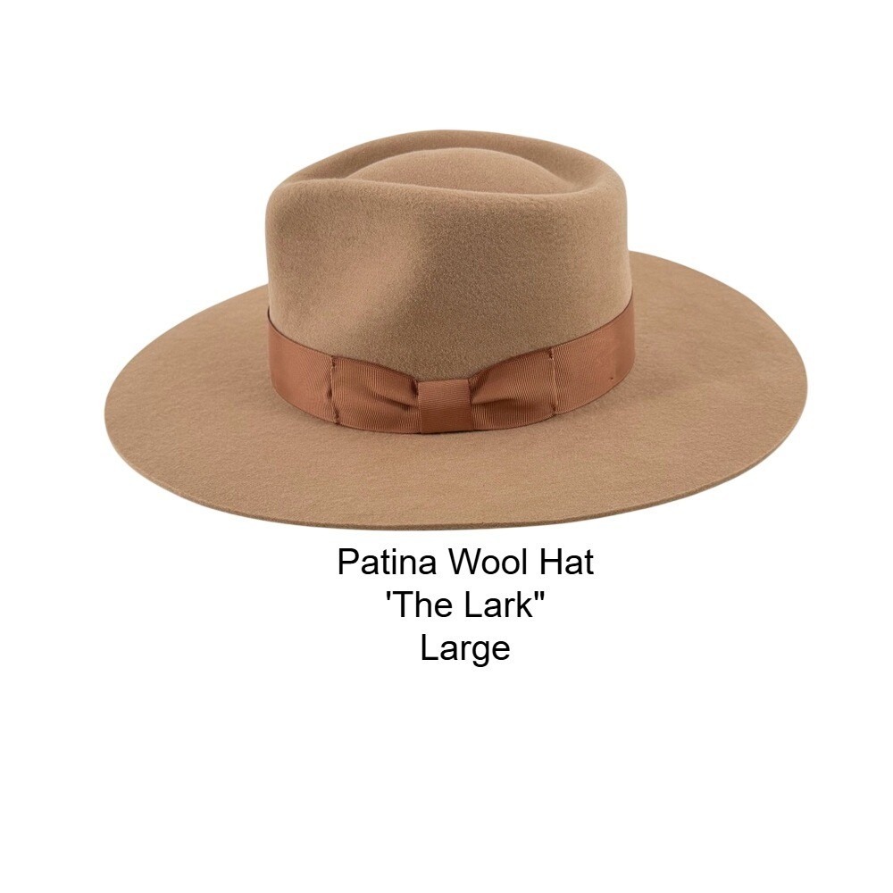 Patina The Lark Tan Wool Felt Wide Brim Fedora Hat Handcrafted Ecuador Large NEW